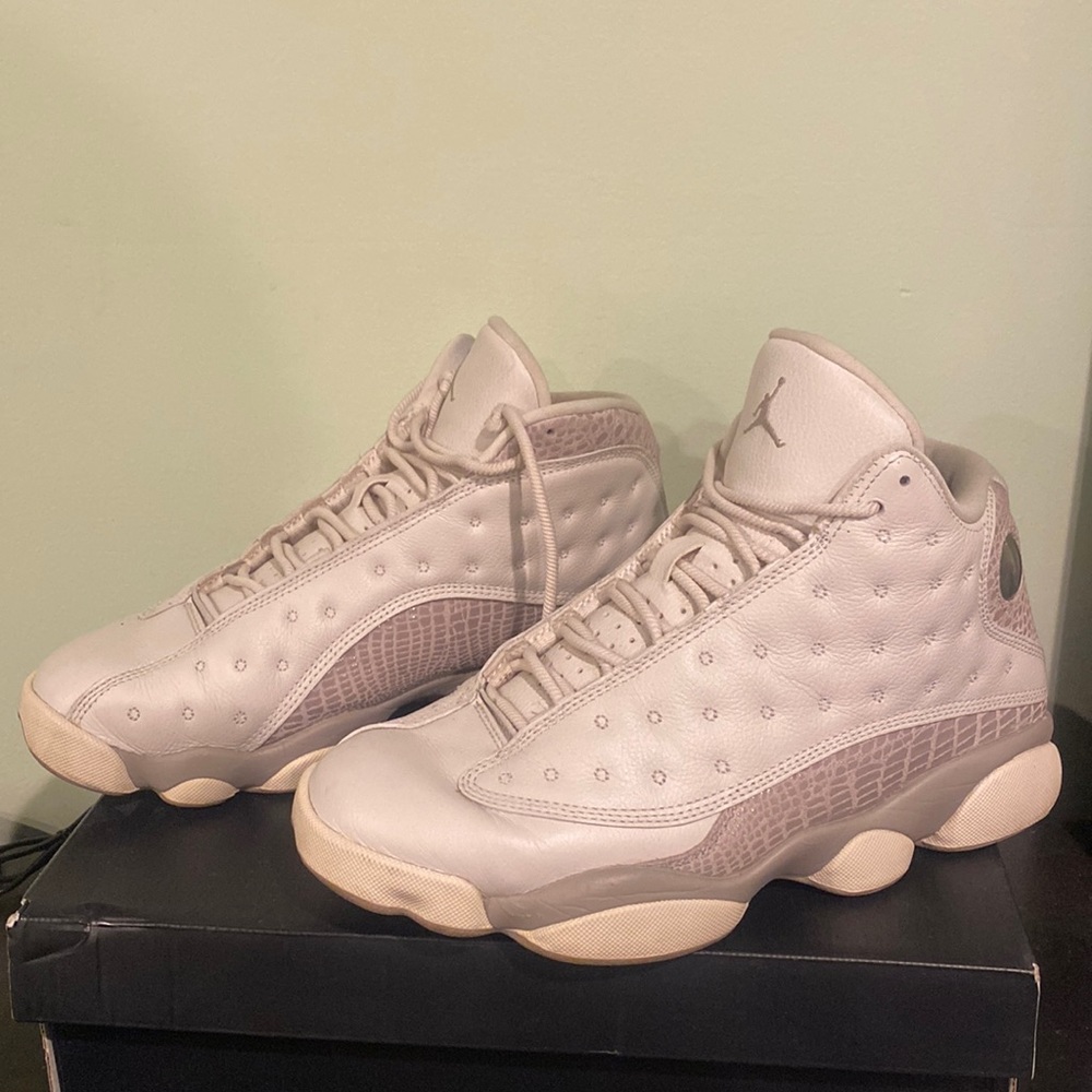White and purpleish gray Jordans